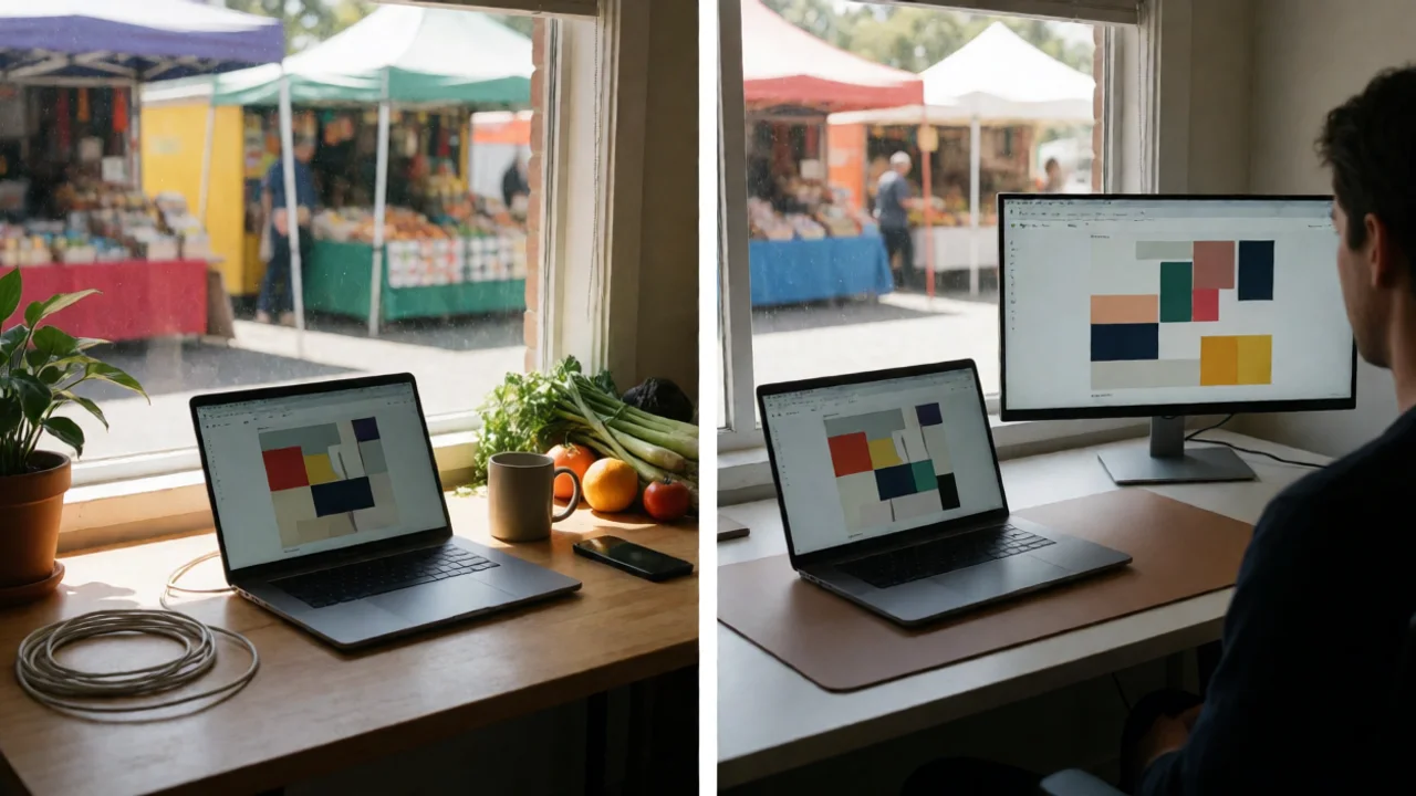 An event organiser's desk in a sunlit Australian home office: a laptop showing an abstract unreadable page layout, a mug, a…