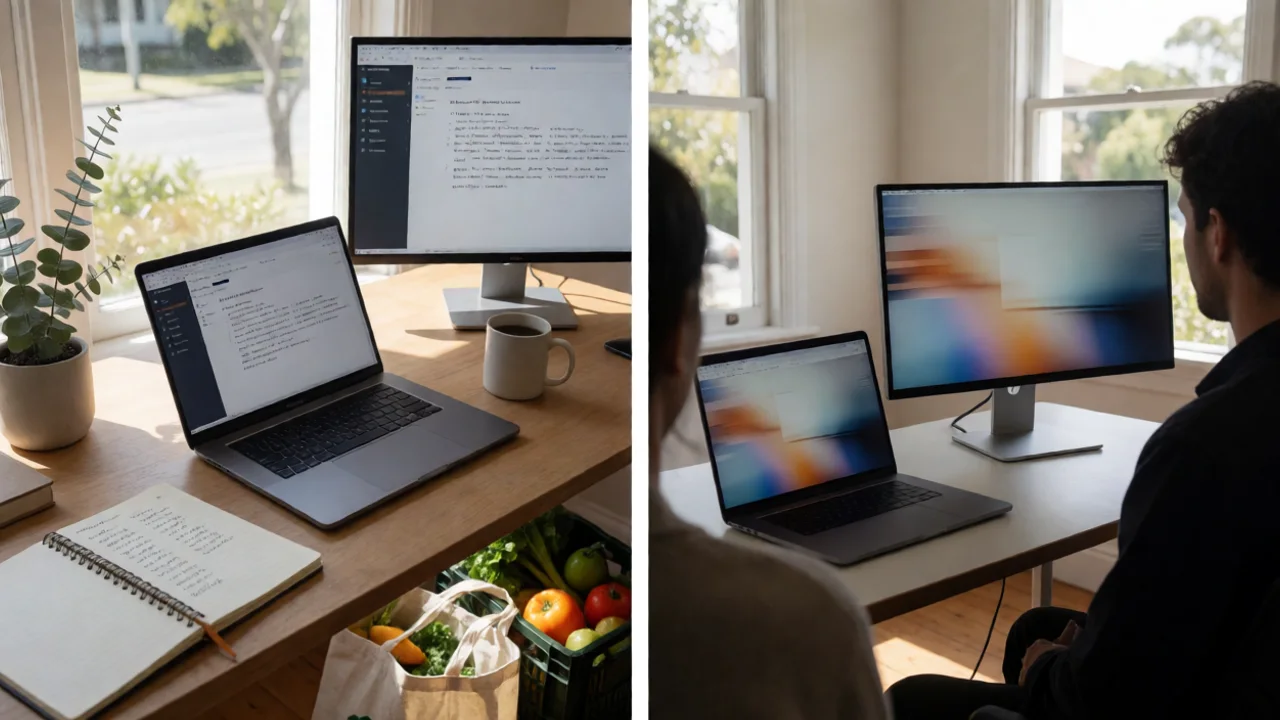 A content strategist's desk in a sunlit Australian home office: an open laptop showing an AI writing tool mid-draft beside a…