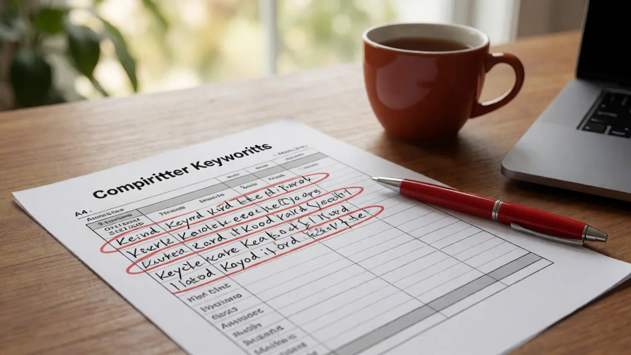 Close-up photograph of a printed A4 competitor keyword matrix spreadsheet lying on a timber desk in an Australian home…