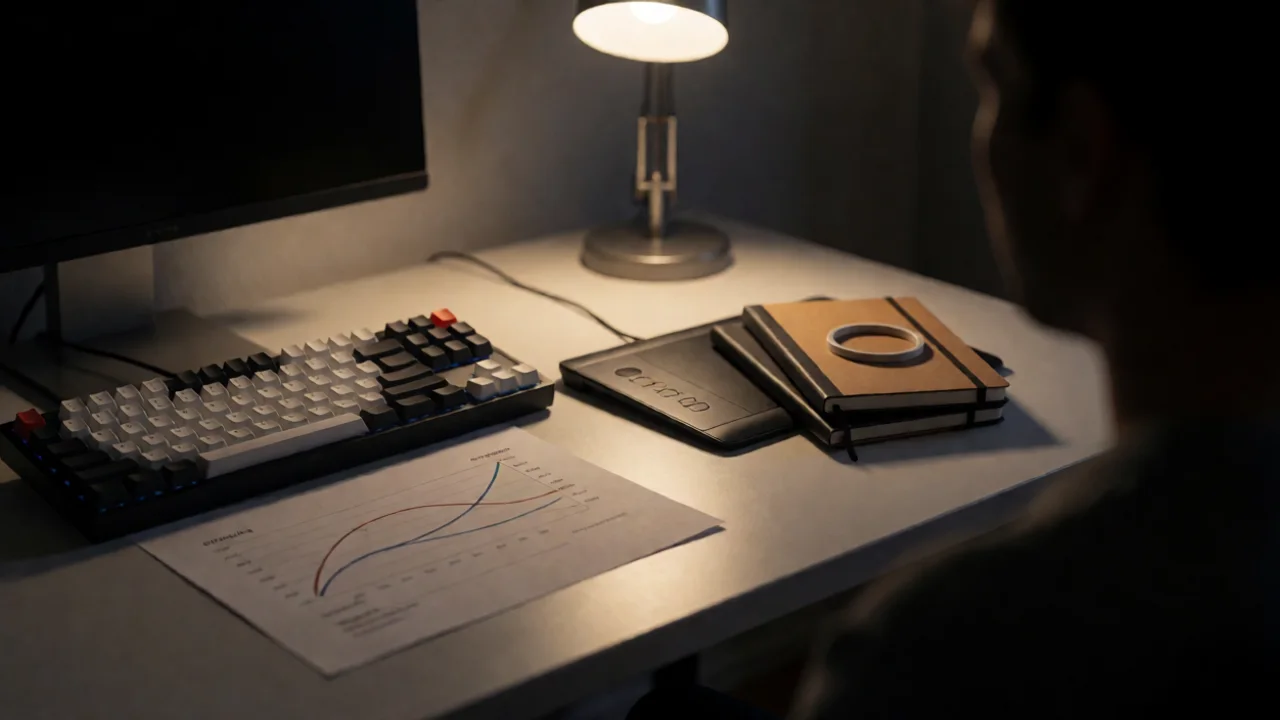 Cinematic photograph of a Unity game developer's workstation in a Melbourne apartment at night. A mechanical keyboard and…