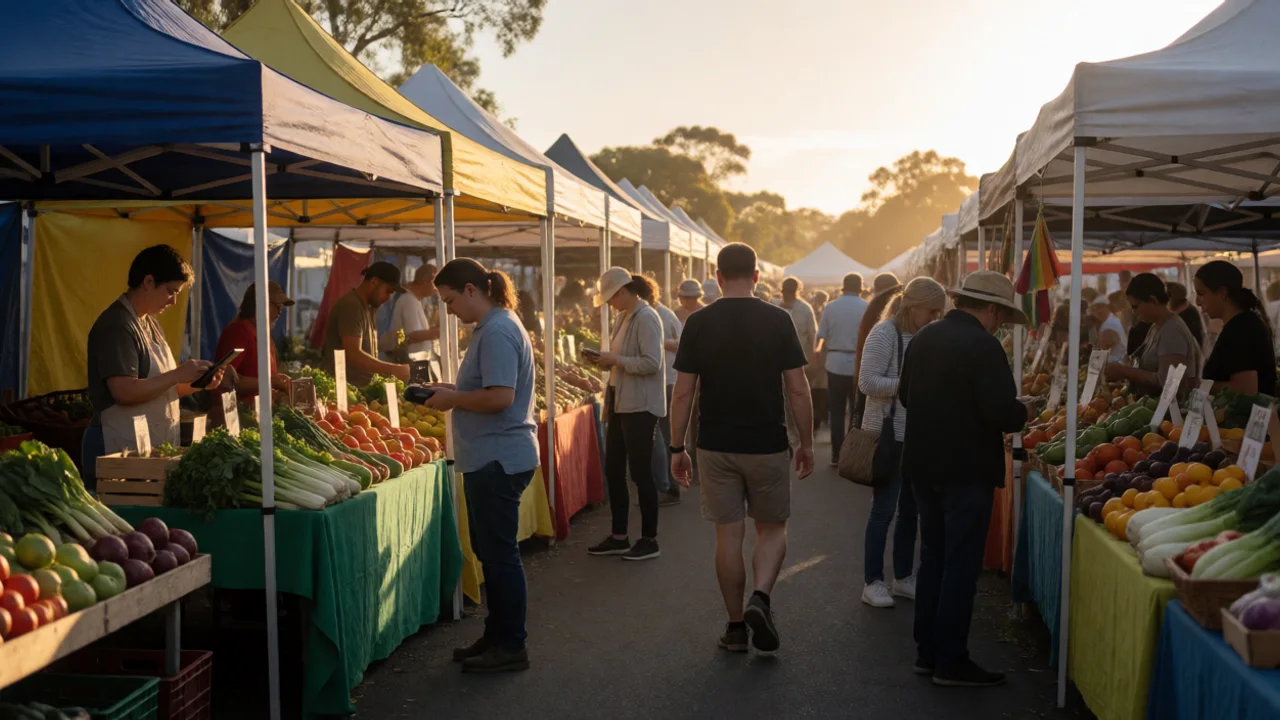 A busy outdoor farmers market in regional Australia at golden hour, with colourful stalls selling fresh produce and handmade…