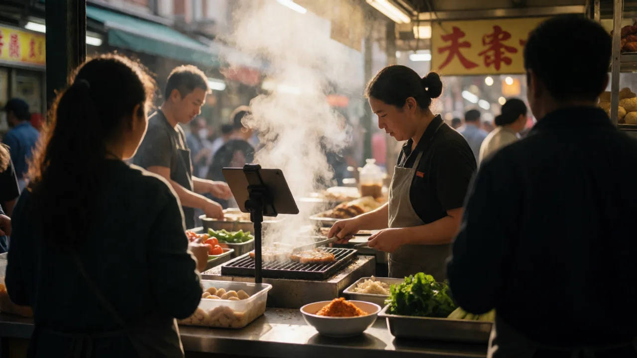 A food vendor at a busy market stall in Australia, cooking on a grill with steam rising, a tablet mounted nearby (screen not…
