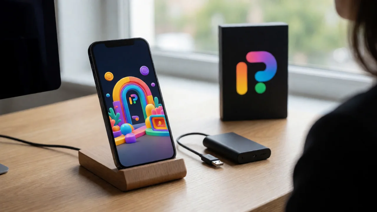 A smartphone propped on a wooden stand showing a colorful 3D rendered scene on its screen, a USB cable and a small external…