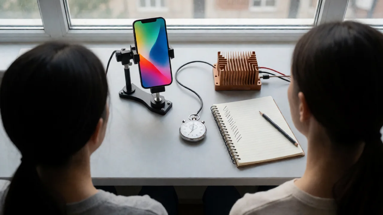 a photographic overhead view of a hardware testing bench — a mobile phone mounted in a clamp stand, a heat sink, a…