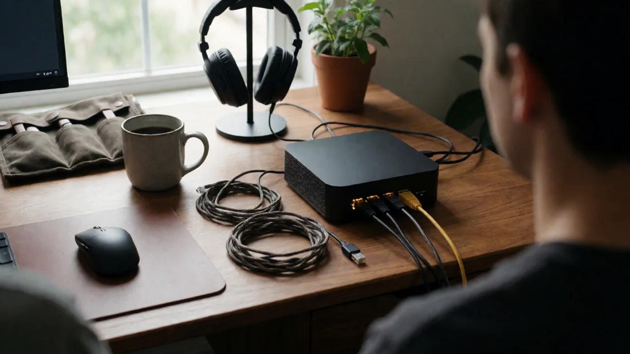A compact matte-black mini PC with glowing amber status LEDs sits on a warm timber desk beside a tangle of Ethernet and USB…
