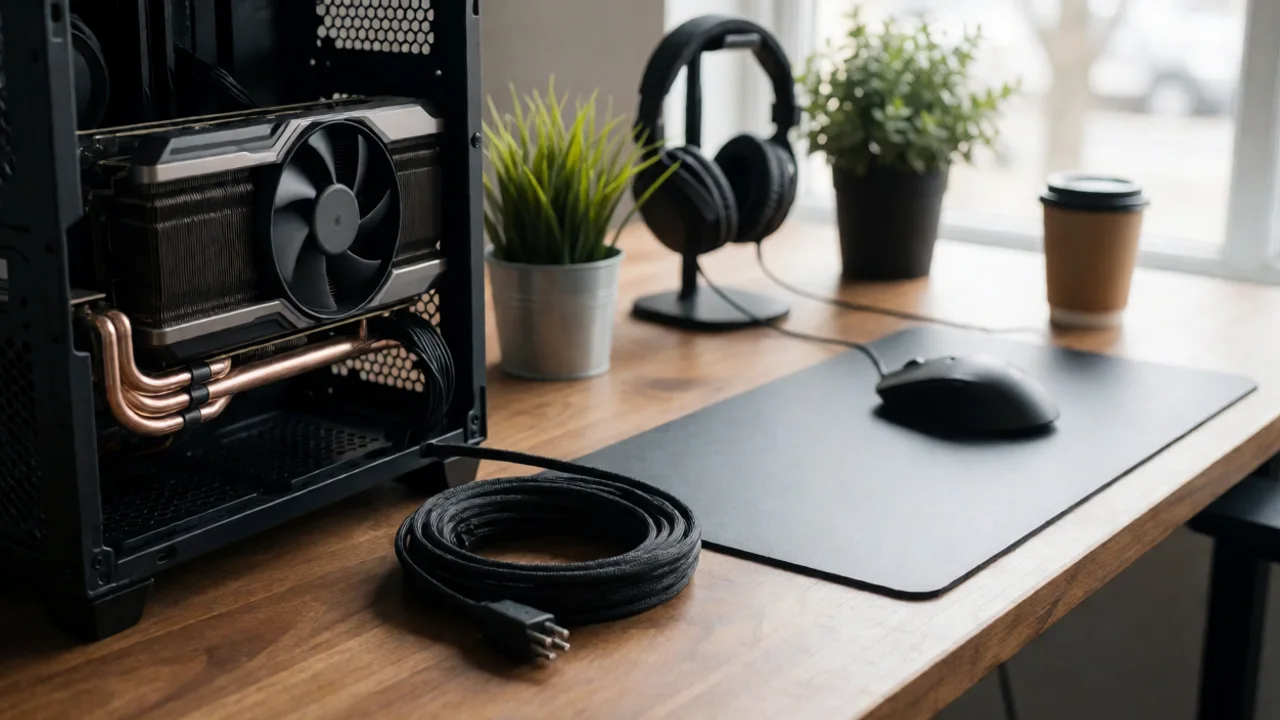 A close-up of a desktop PC's open side panel on a warm timber studio desk, revealing a large graphics card with copper heat…