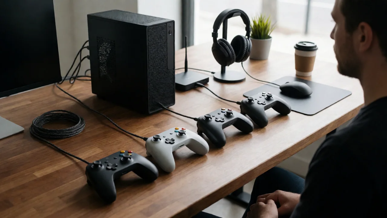 A co-op multiplayer game session in progress on a studio desk: four game controllers laid out in a row beside a single…