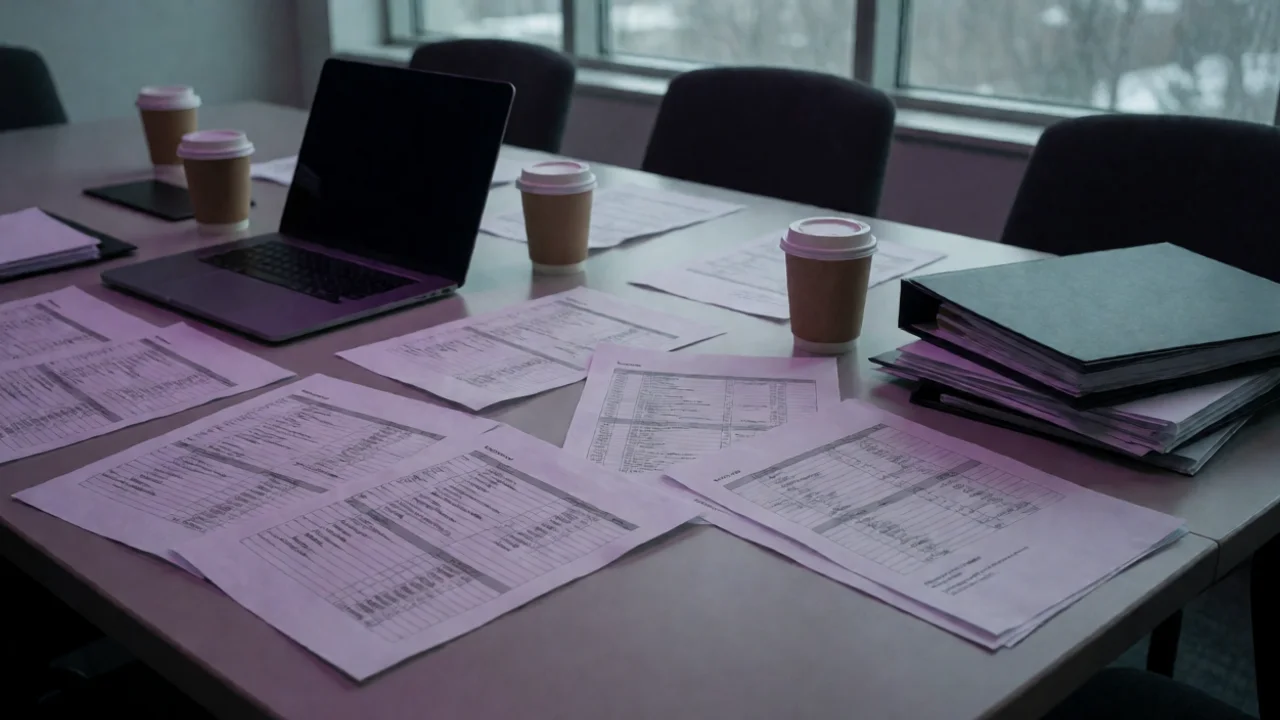 Photographic scene of a cluttered agency conference room table: printed keyword spreadsheets fanned across the surface, an…
