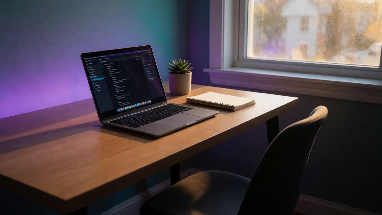 Photographic scene of a single open laptop on a clean wooden desk beside a small potted succulent and a spiral notebook…