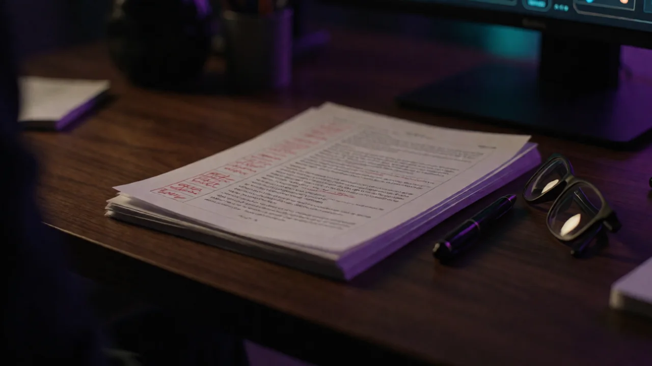 Photographic close-up of a small stack of printed page proofs on a dark wooden desk, the top page marked with red pen…