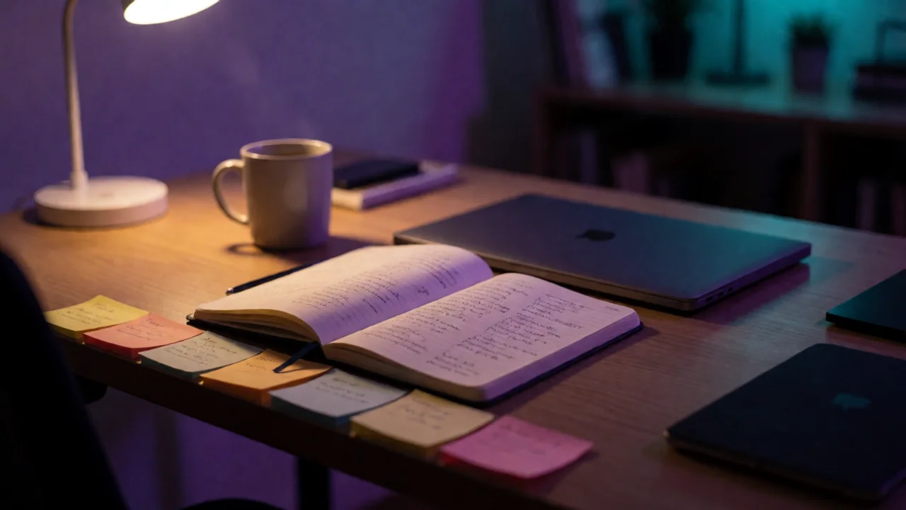 a wide shot of a small founder's home-office desk at dusk, an open notebook covered in handwritten topic clusters beside a…