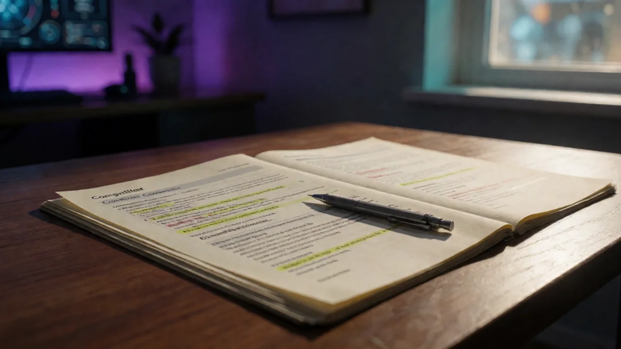 a close-up of a printed research dossier on a wooden desk — a stack of competitor comparison pages printed on cream paper, a…
