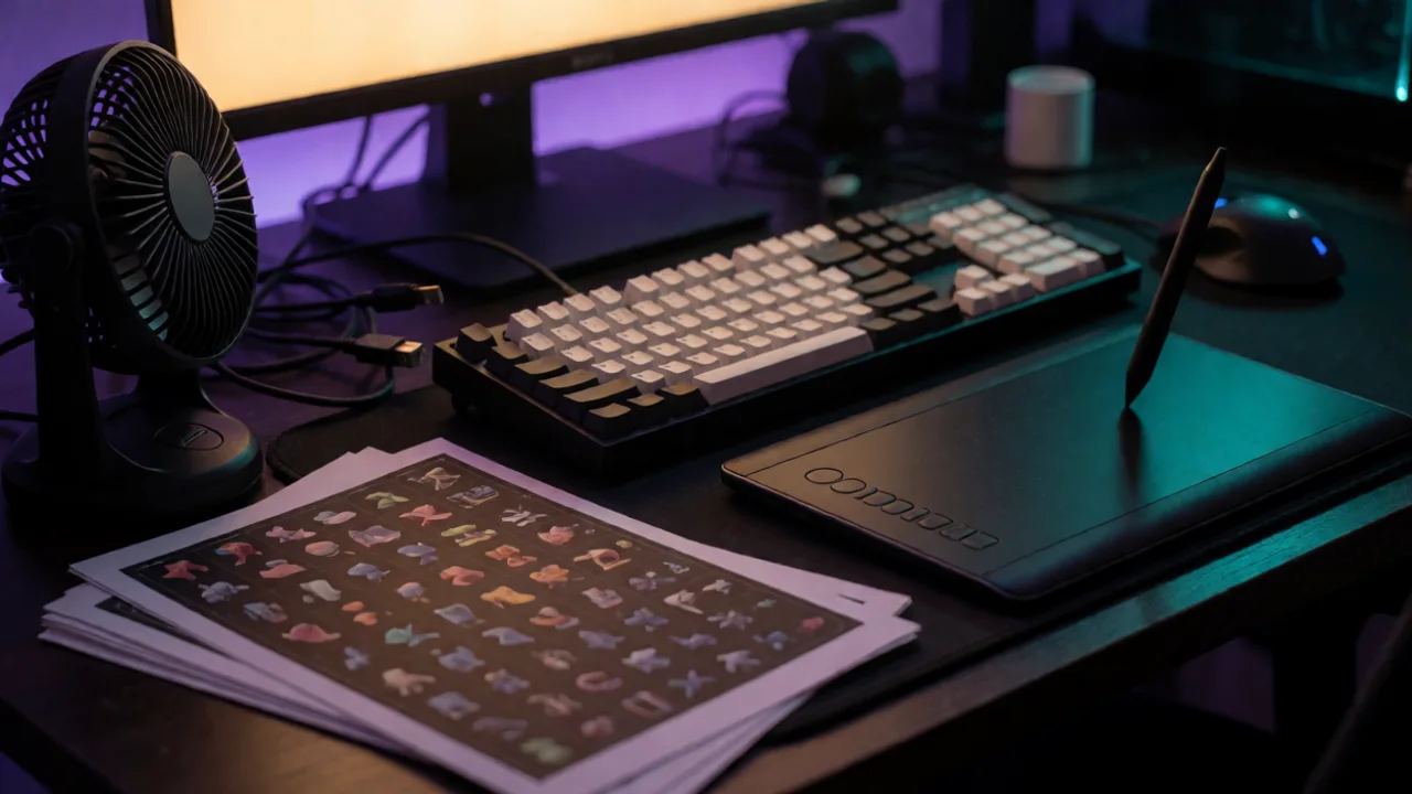 a Unity developer's physical workspace — a mechanical keyboard with worn keycaps, a graphics tablet and stylus, a stack of…