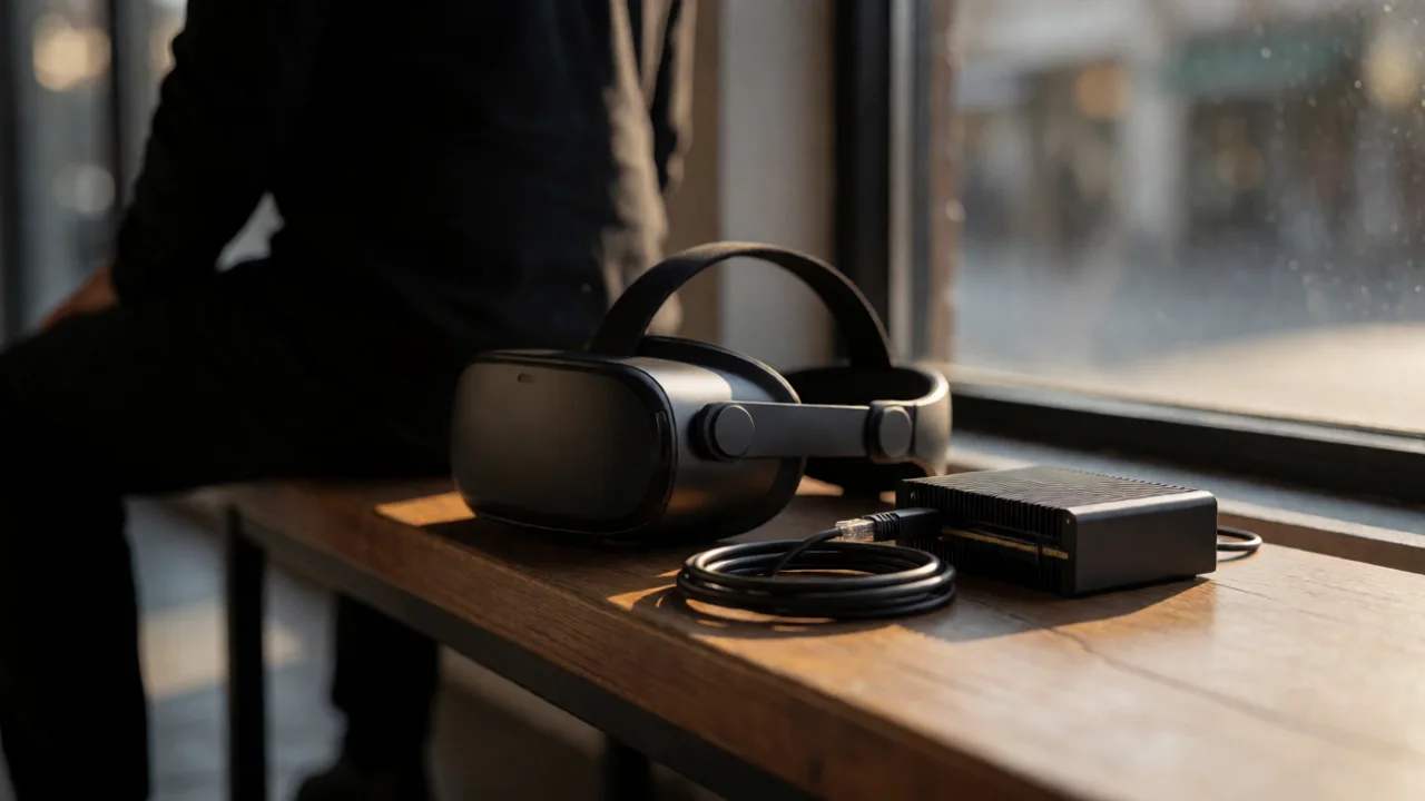 A small desktop workstation on a wooden bench beside a VR headset, an Ethernet cable coiled nearby and a compact GPU…