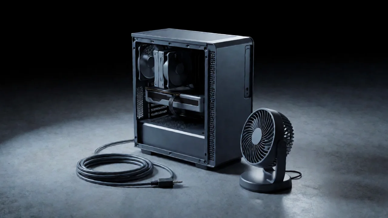 A compact desktop tower with its side panel removed showing a graphics card and cooling fans, resting on a concrete floor…
