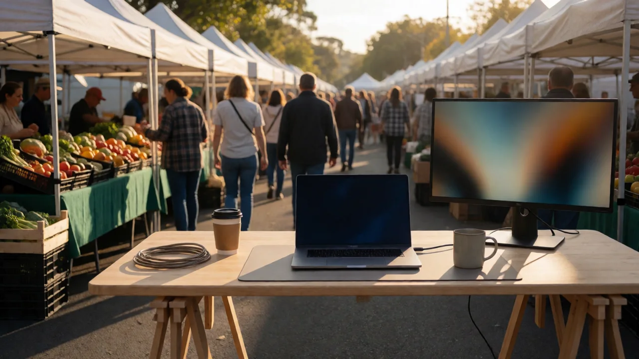 A busy outdoor Australian farmers market at golden hour, rows of white vendor tents with crates of fresh produce, a coiled…