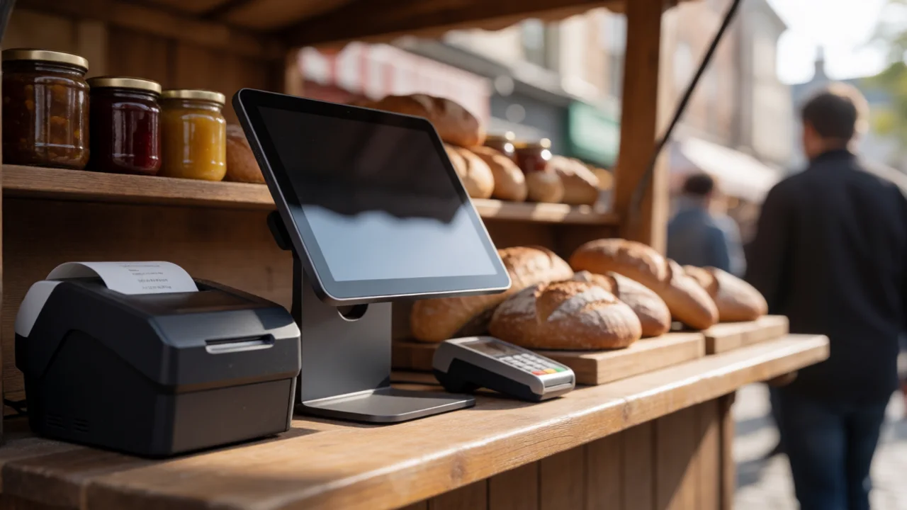 A close-up of a mobile point-of-sale tablet mounted on a wooden market stall counter, beside a Bluetooth thermal receipt…