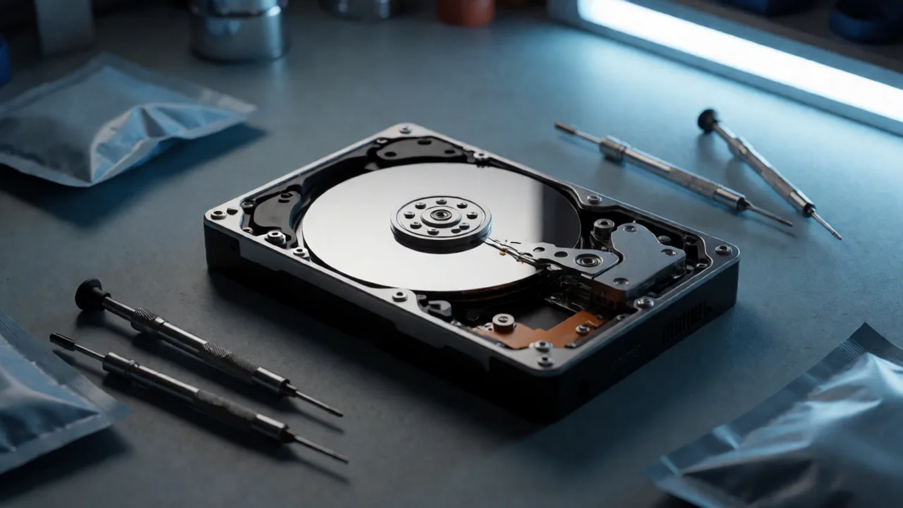 a close-up of a disassembled external hard drive on a workbench, with the bare platter and read-write head visible…
