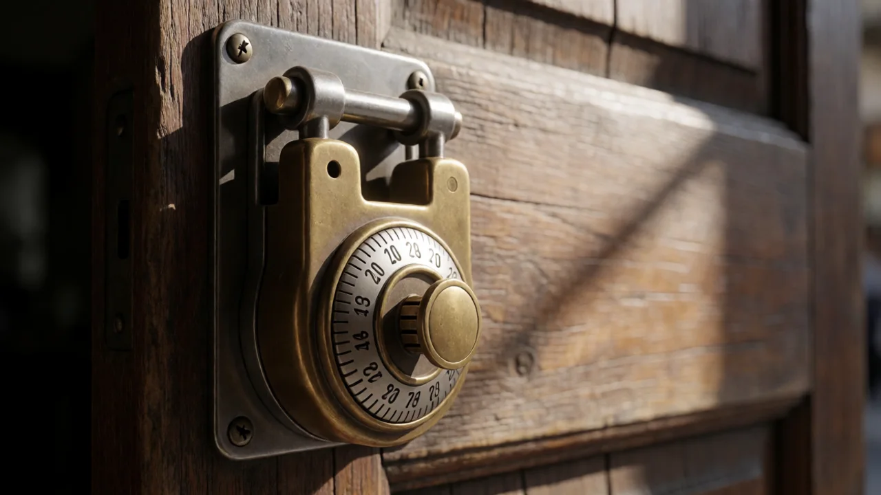 a vintage brass and steel mechanical combination lock mounted on a weathered wooden door, with the numbered dial in sharp…
