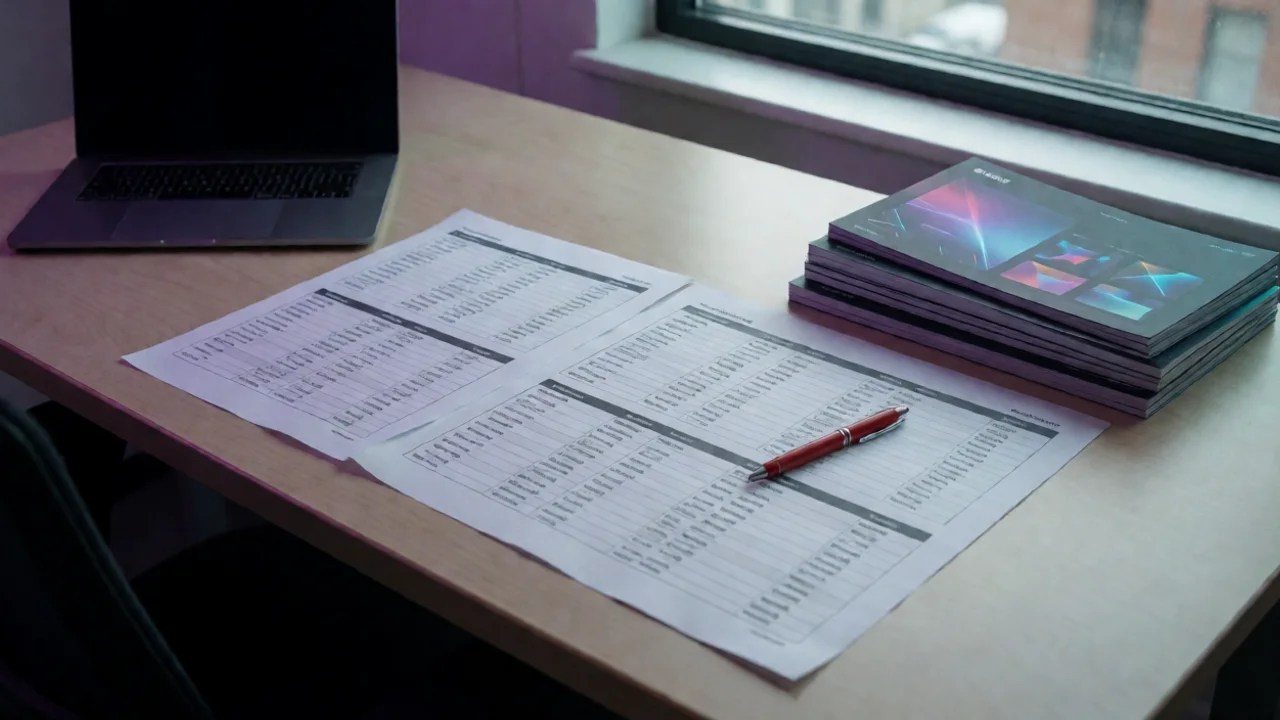 a physical editorial planning desk in a real office, with printed competitor keyword spreadsheets, a red pen, a stack of…
