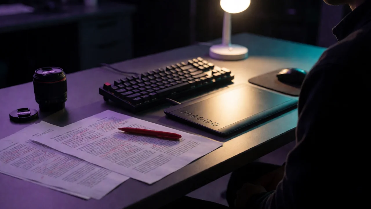 a real production studio desk with a mechanical keyboard, a graphics tablet, printed article drafts marked with a red…