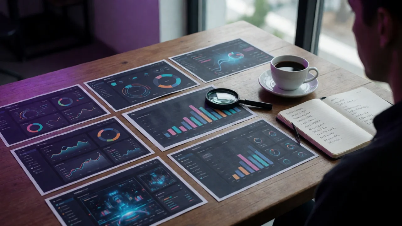 a real analytics workspace with printed ranking reports spread across a wooden table, a magnifying glass over a chart…