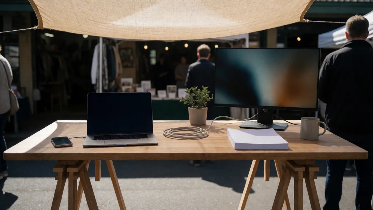 A sunlit Australian market stallholder's timber trestle table at mid-morning, one side holding a laptop and a plain…