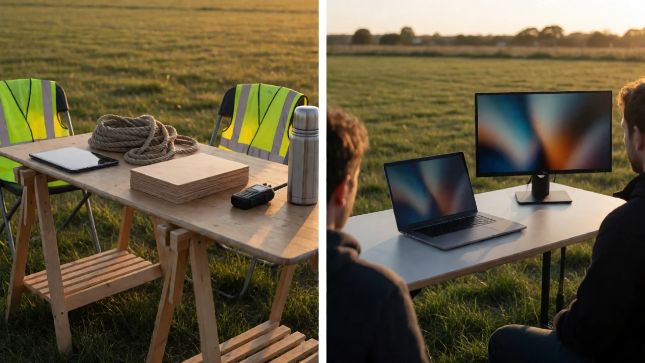 An event organiser's trestle table at dusk on an open field: a tablet lying flat beside a coil of rope and a stack of blank…