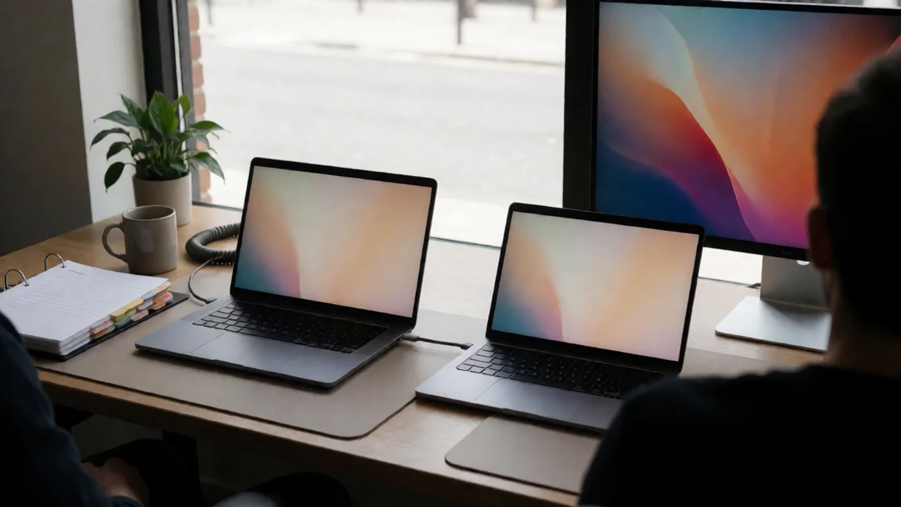 A founder's real startup-office desk in natural window light: an open laptop turned away so its screen reads as a soft glow…