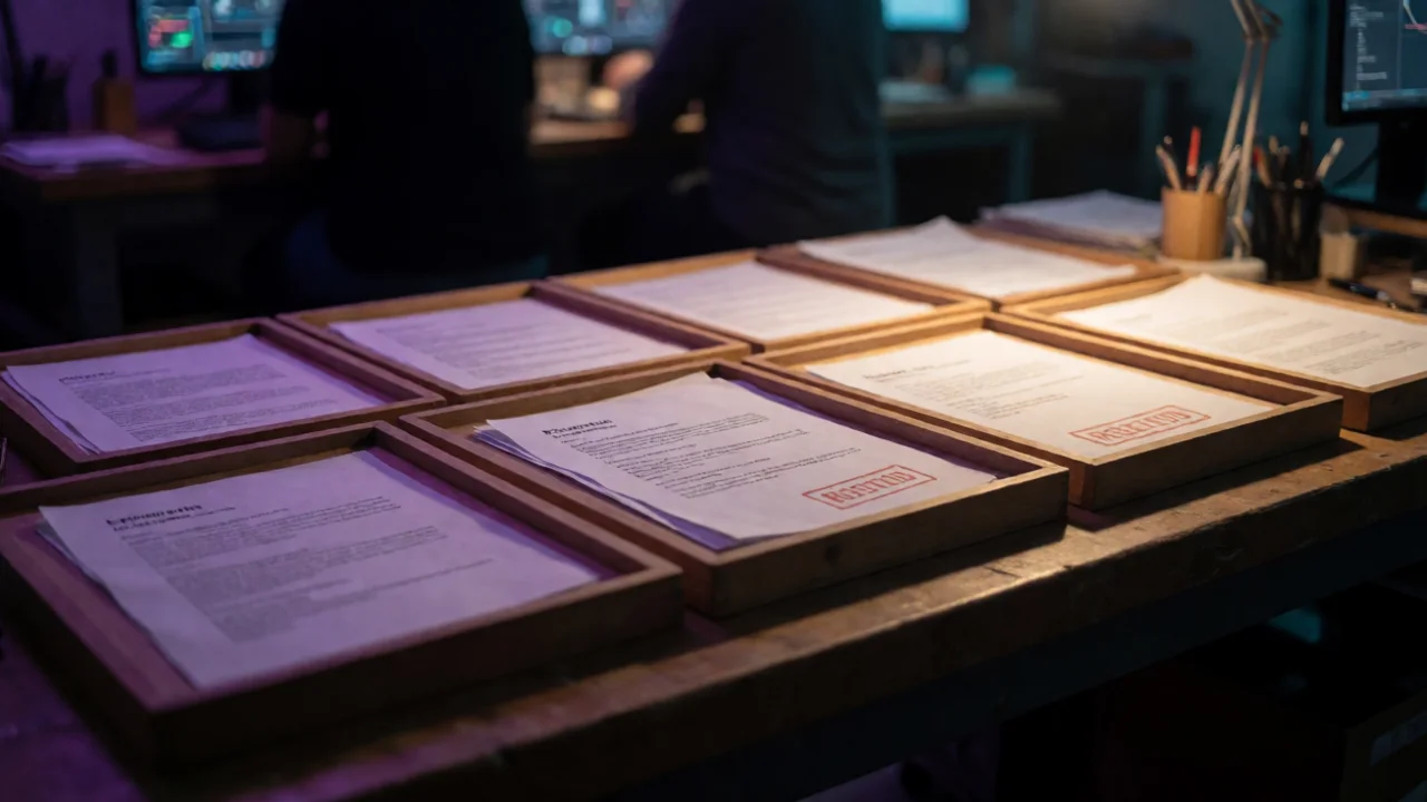 A close-up of a physical content pipeline on a workshop bench: a row of five wooden trays, each holding printed research…