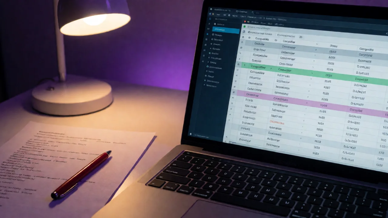 A close-up of a laptop screen displaying a spreadsheet with columns of competitor domains and highlighted rows, next to a…