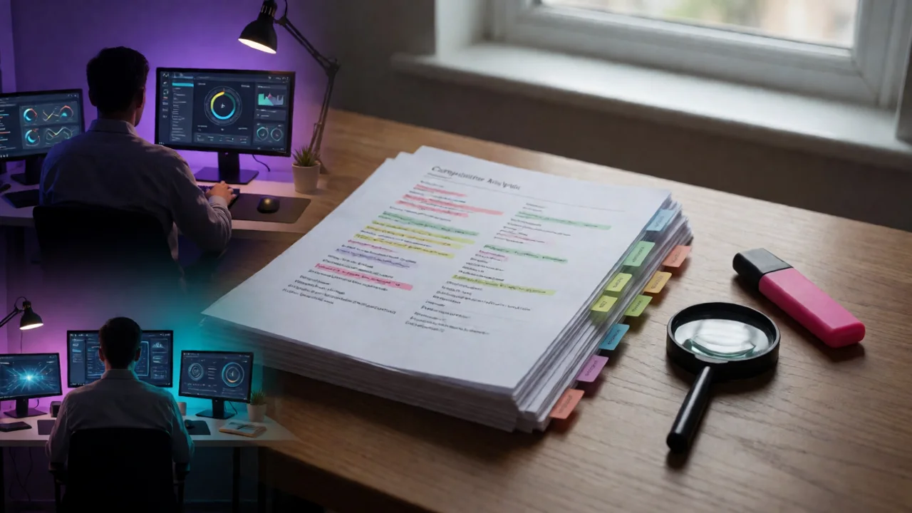 A printed stack of competitor analysis reports on a wooden desk beside a magnifying glass and a highlighter, with several…